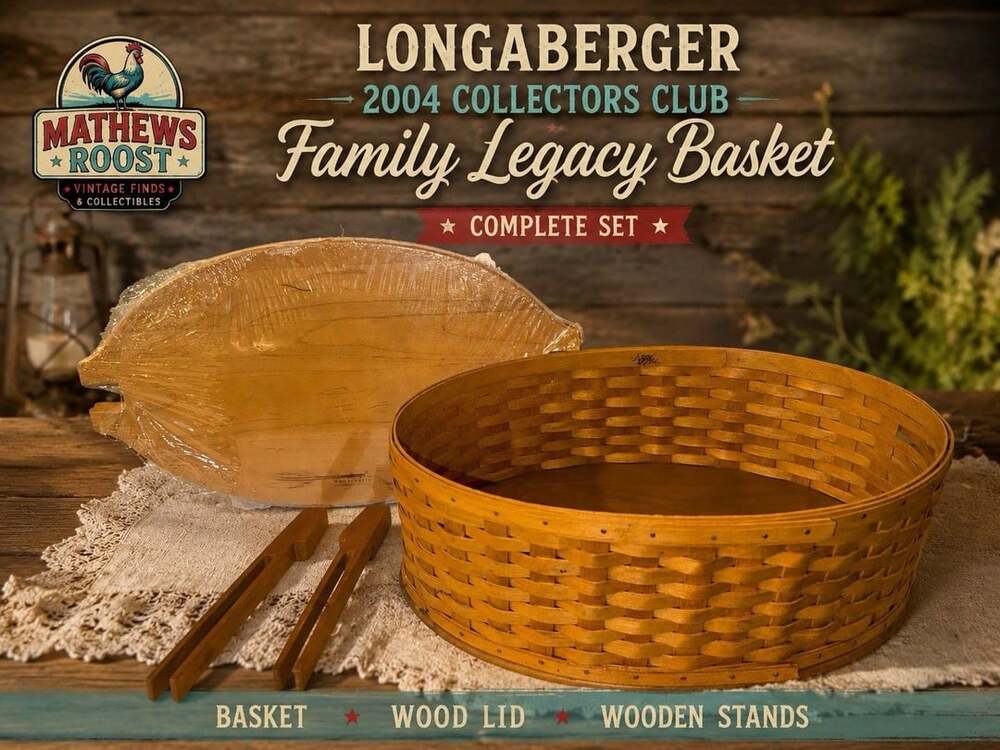 Longaberger 2004 Collectors Club Family Legacy Basket Wood Lid Stand Complete